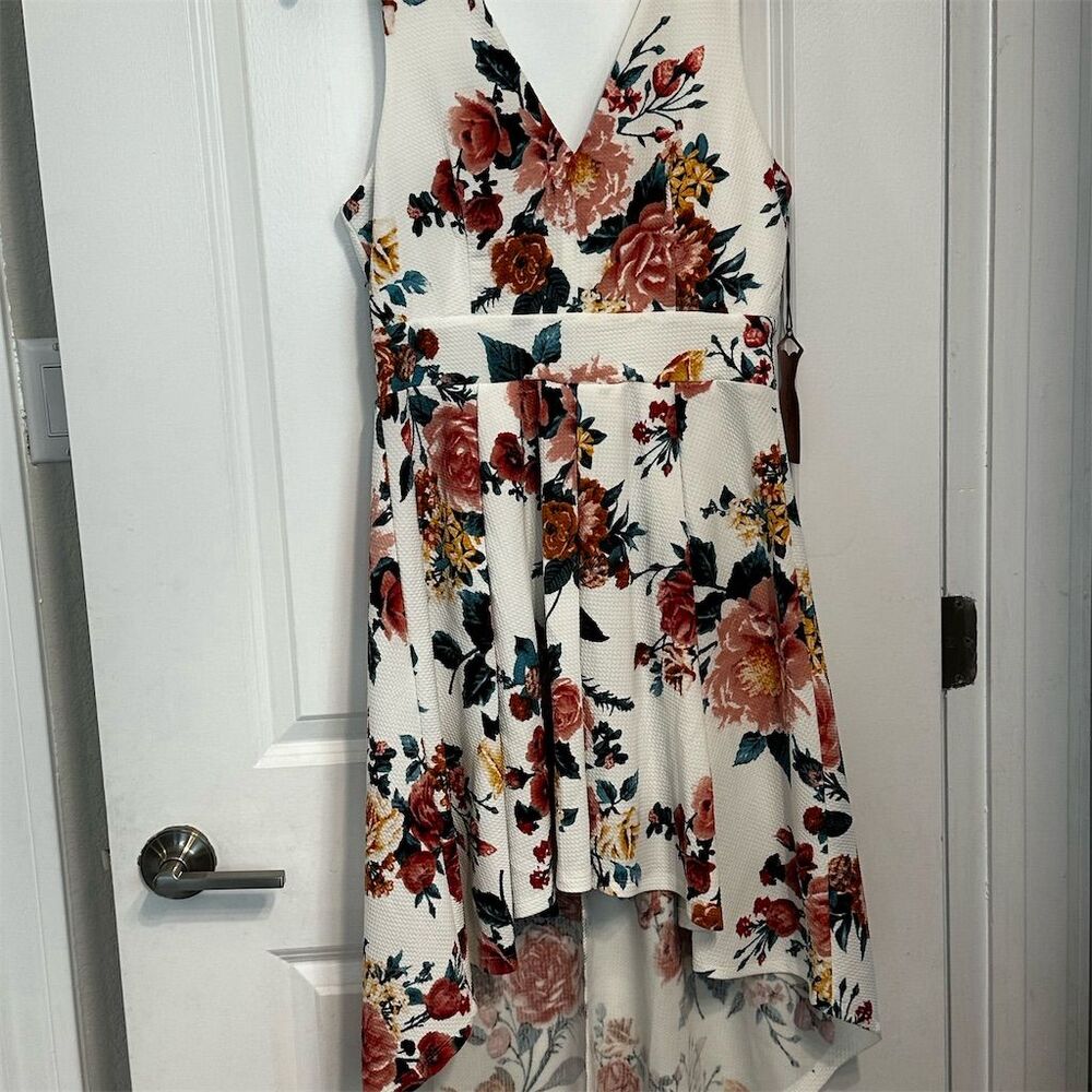 Haute Monde Women's Sleeveless High Low Pleated Floral Dress V-Neck Size L White
